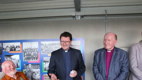 Fr Kevin Fay and Bishop Ferran Glenfield blessing the new accessibility area in Kingspan Breffni